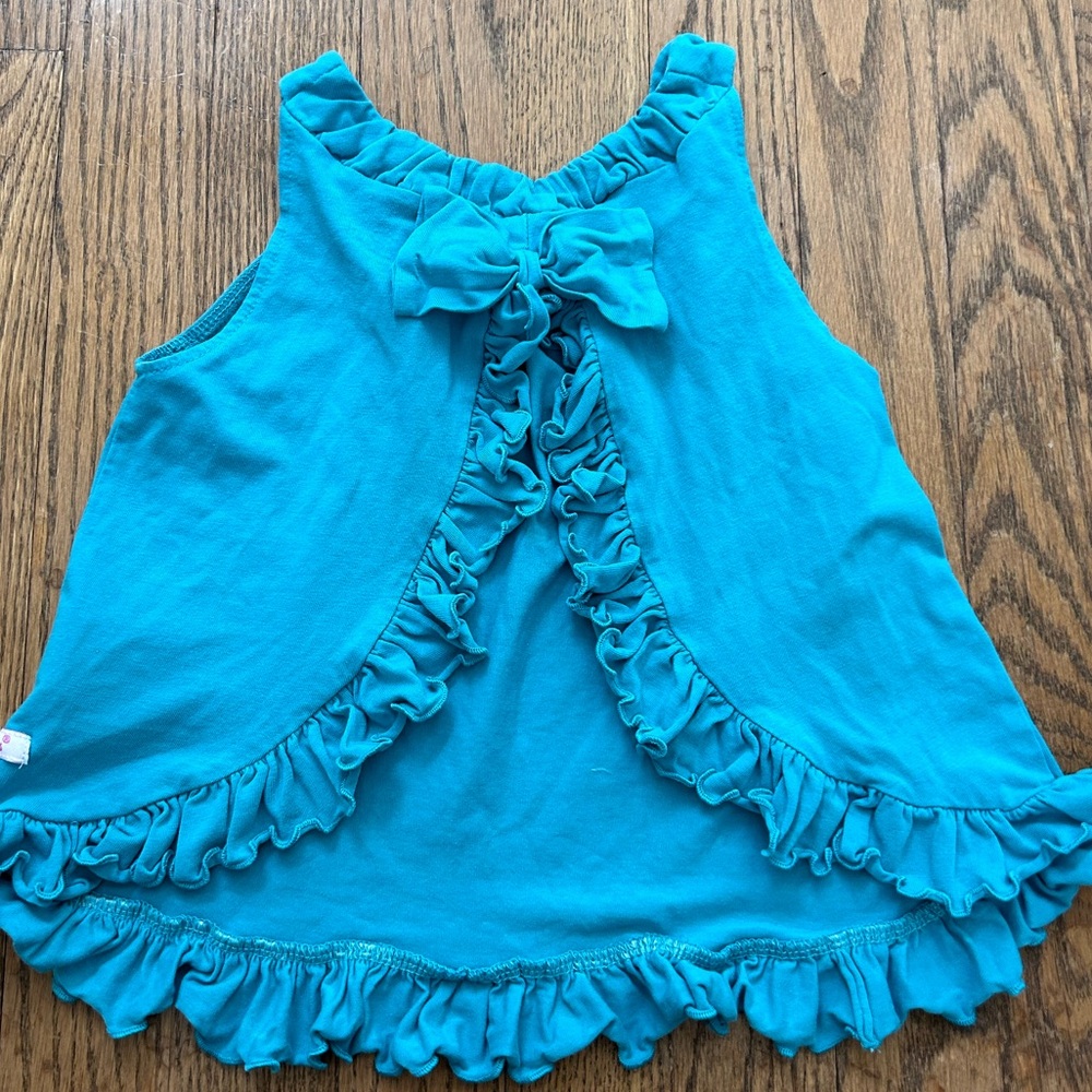 RuffleButts green open back knit swing top with ruffles and bow 2T
